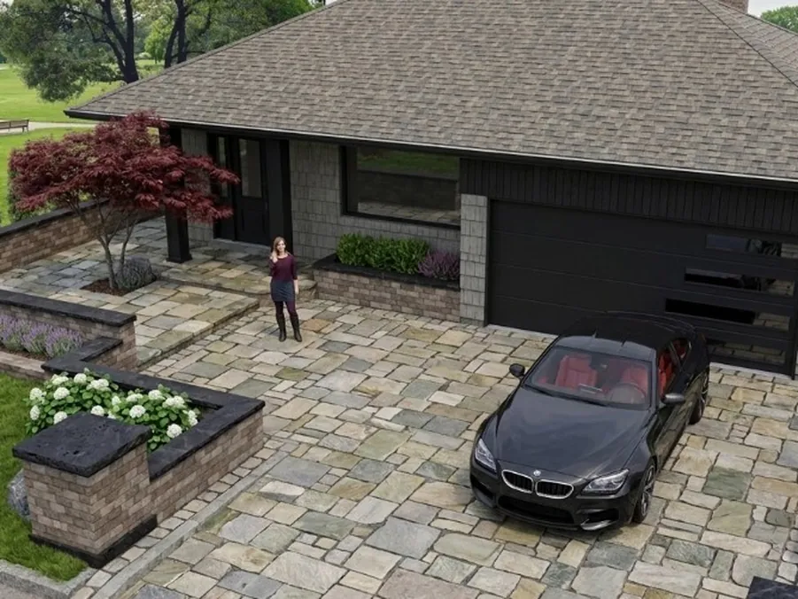 3D visualization of proposed front-yard hardscape and planting