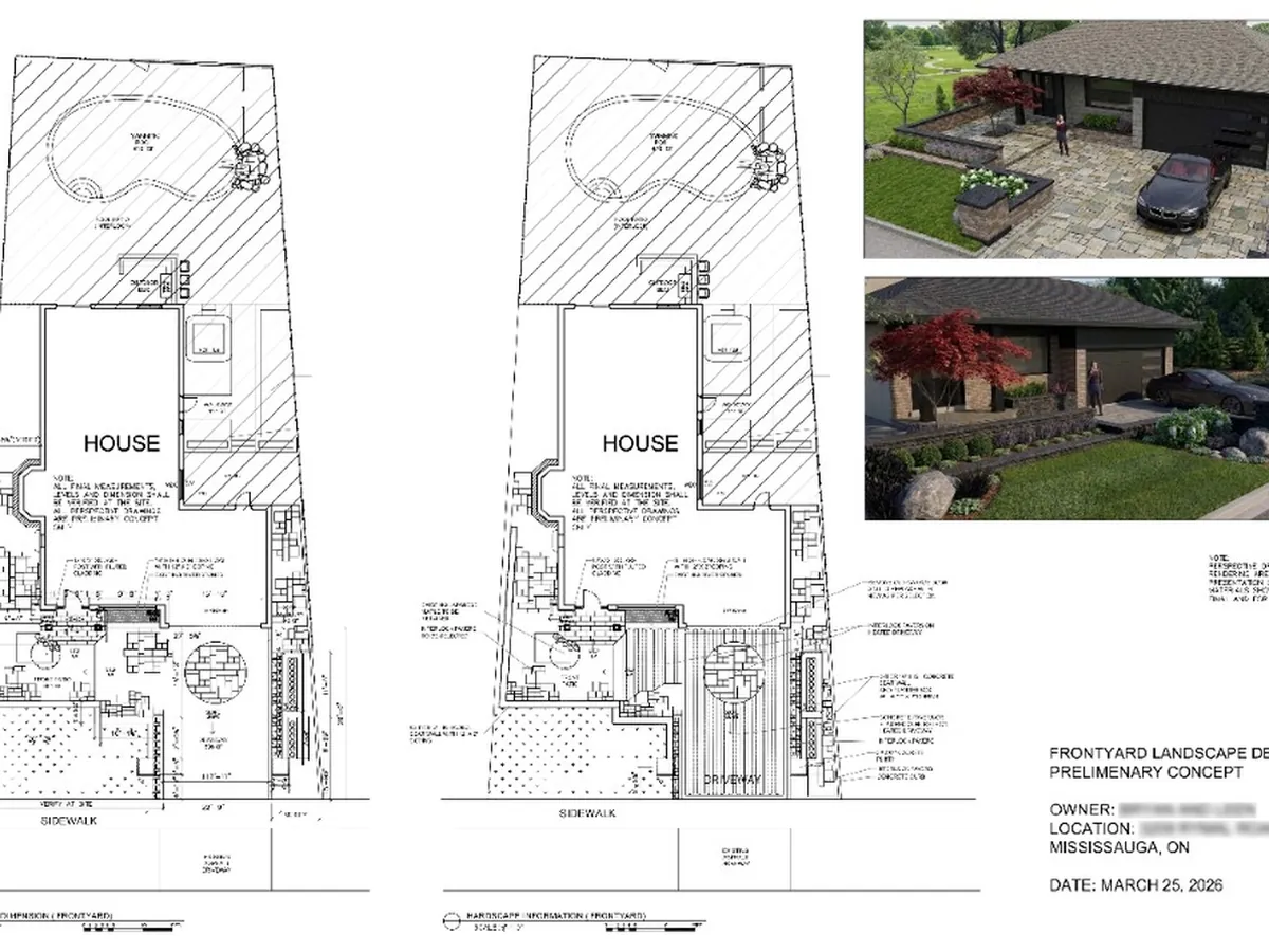 Preliminary front-yard landscape concept sheet with hardscape plans and renders